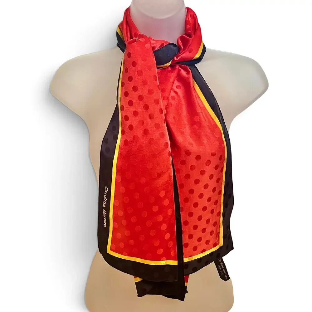 Carolina Herrera Vintage Red Yellow Polka Dot Jacquard Silk Rectangle Long Scarf